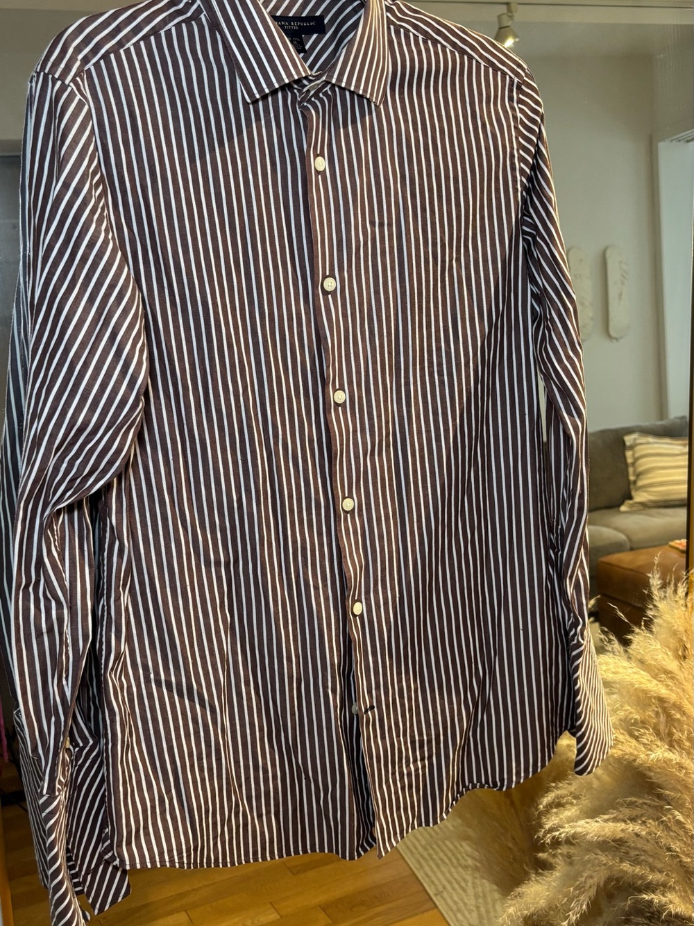 Banana Republic Men's Brown and White Stripe Dress Shirt